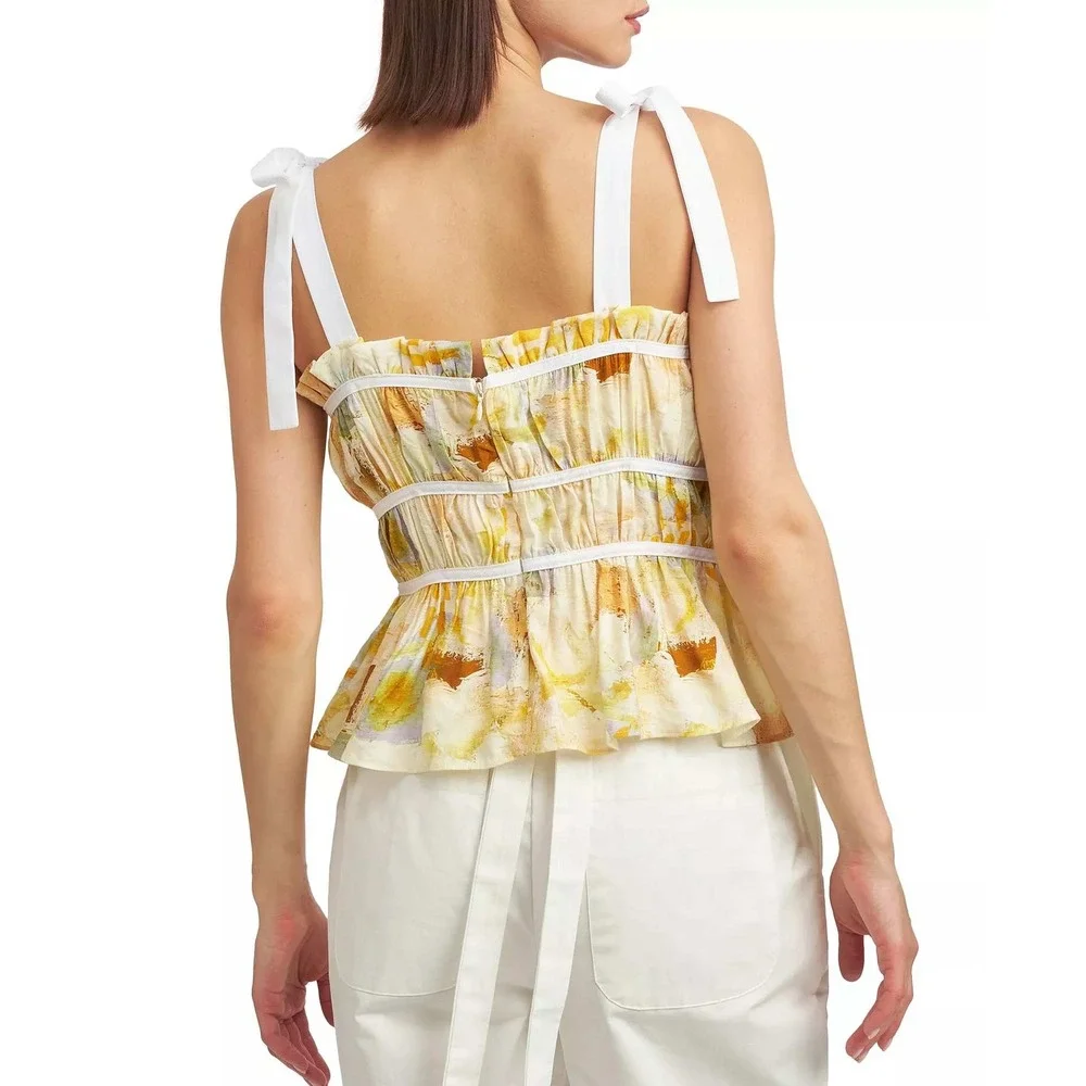 En Saison Torrey Shirred Top Yellow Abstract Tie Strap Peplum Tank Large NWT - Picture 2 of 10
